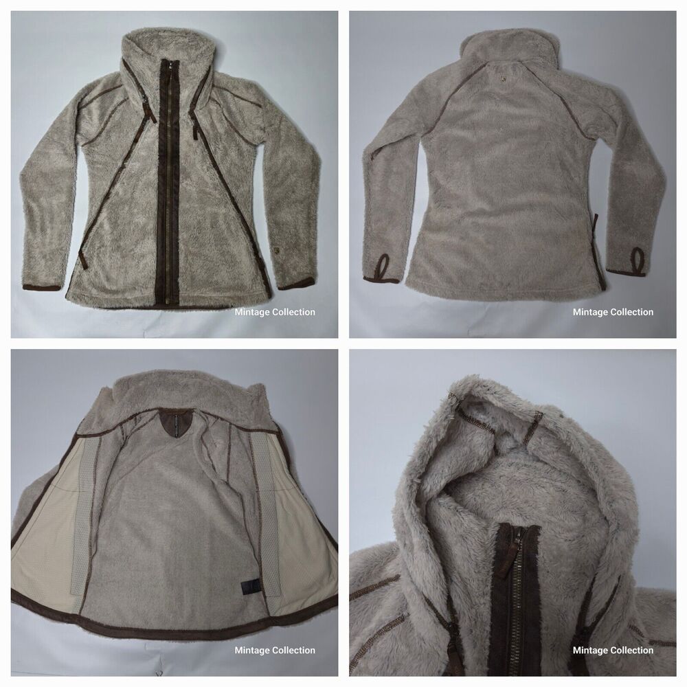 KUHL WOMEN'S Sz S FLIGHT JACKET 2015 FULL ZIP HOODED FLEECE STONE BEIGE BROWN